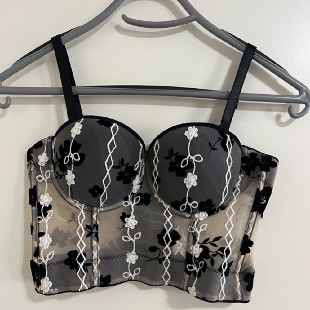 Y2K Mesh Embroidered Bustier Top XS Whimsigoth Fairy Grunge Coquette Lace Corset